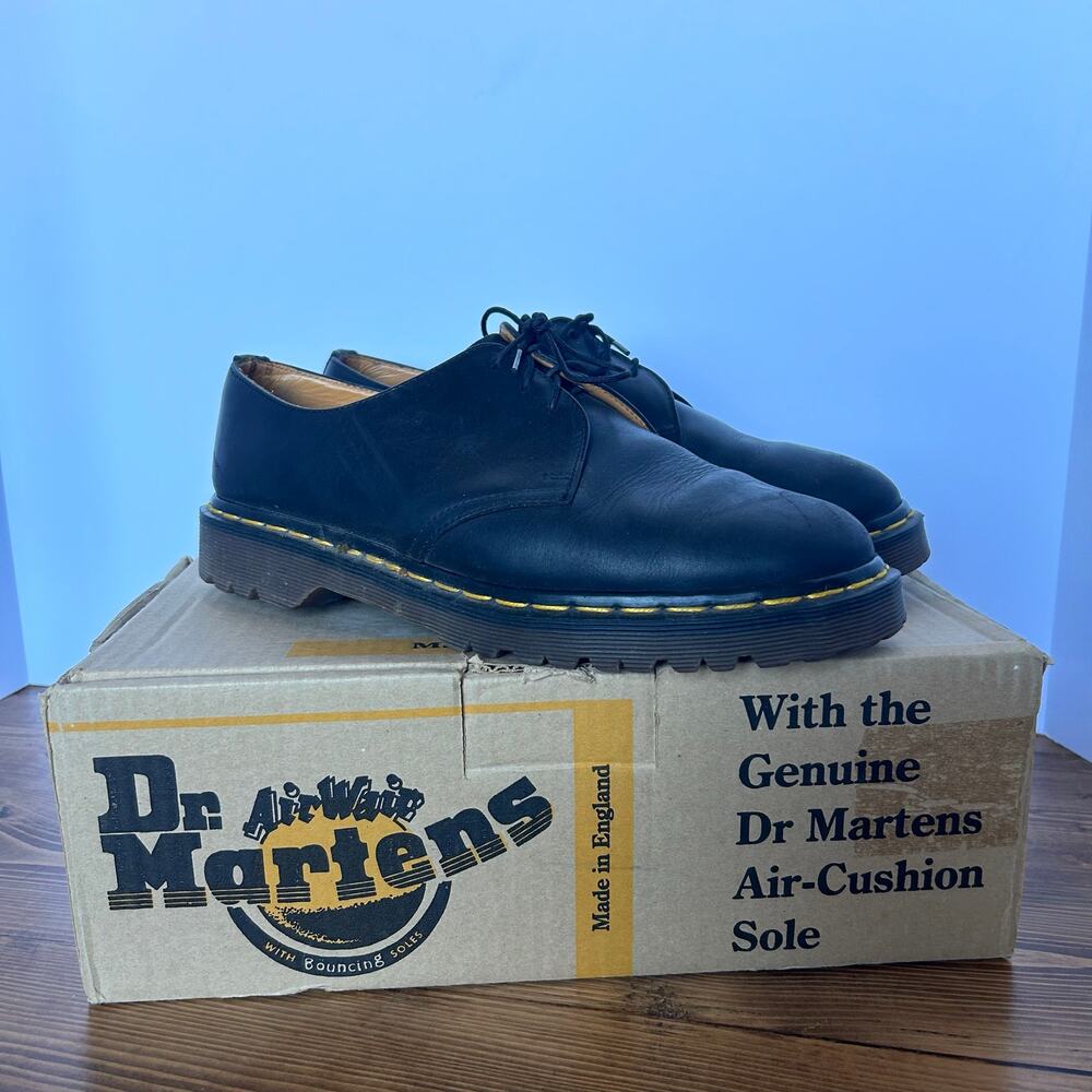 Dr Martens Vintage Mens Size 8 Black Greasy 3 Eyelet Leather Shoes with Box 90s